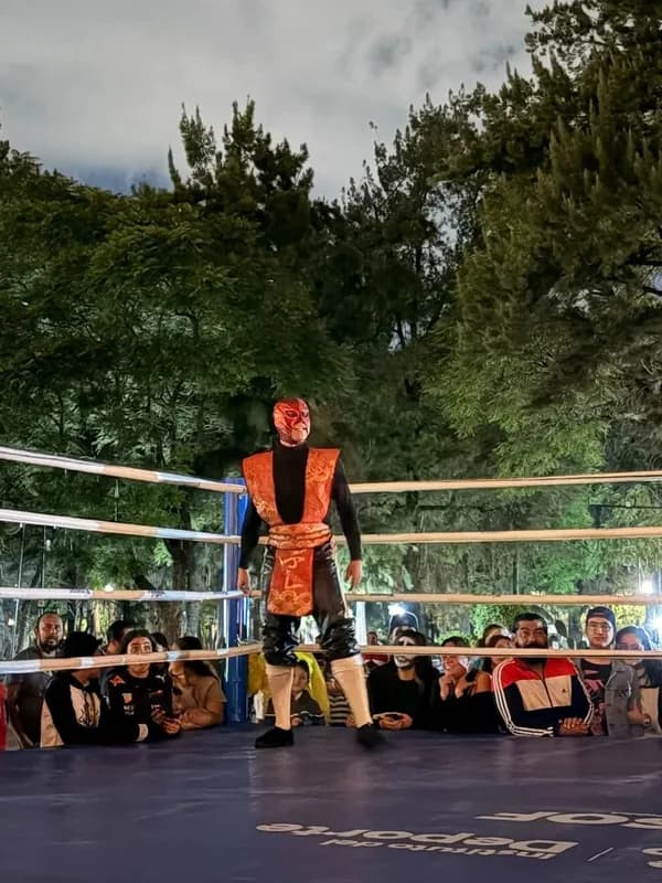 La foto original: La foto del ring se vuelve un clip: el luchador levanta el puño y el humo entra a escena.