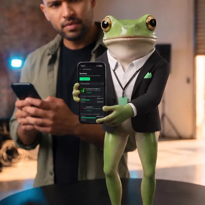 La rana de Bipp muestra la app en un celular junto a un asistente