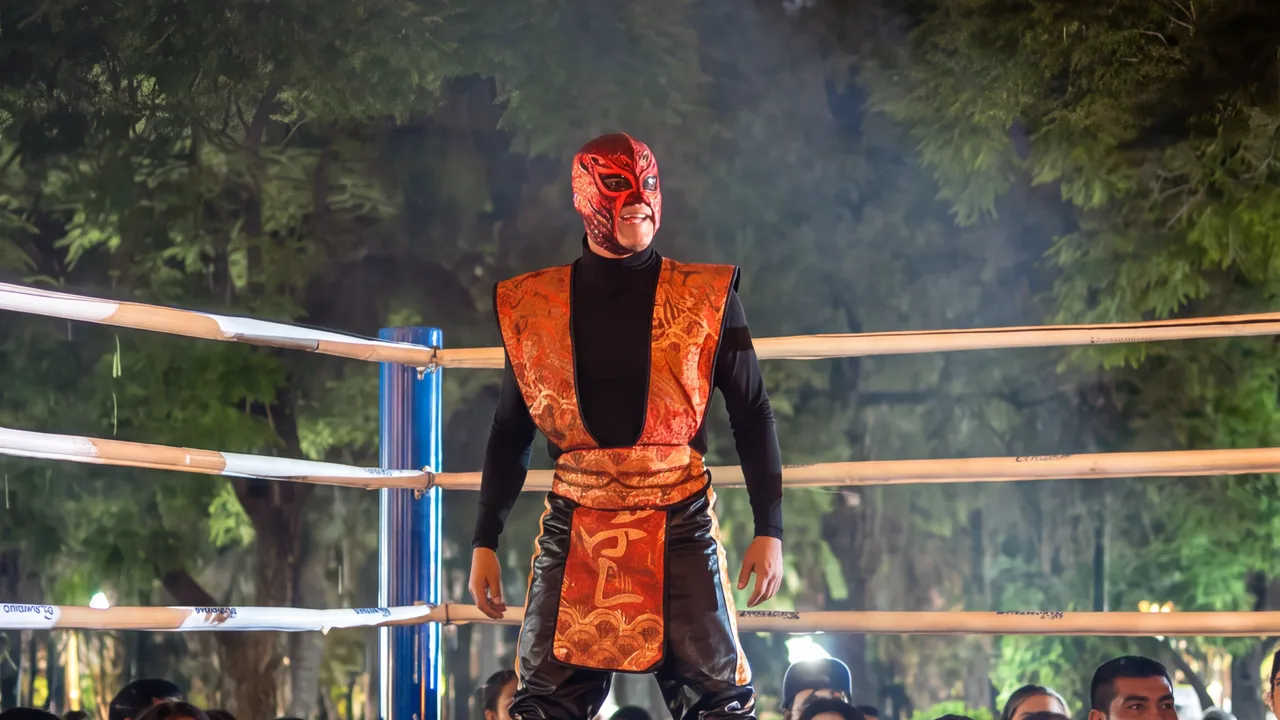 Un luchador con máscara roja de pie en el ring, con el público detrás