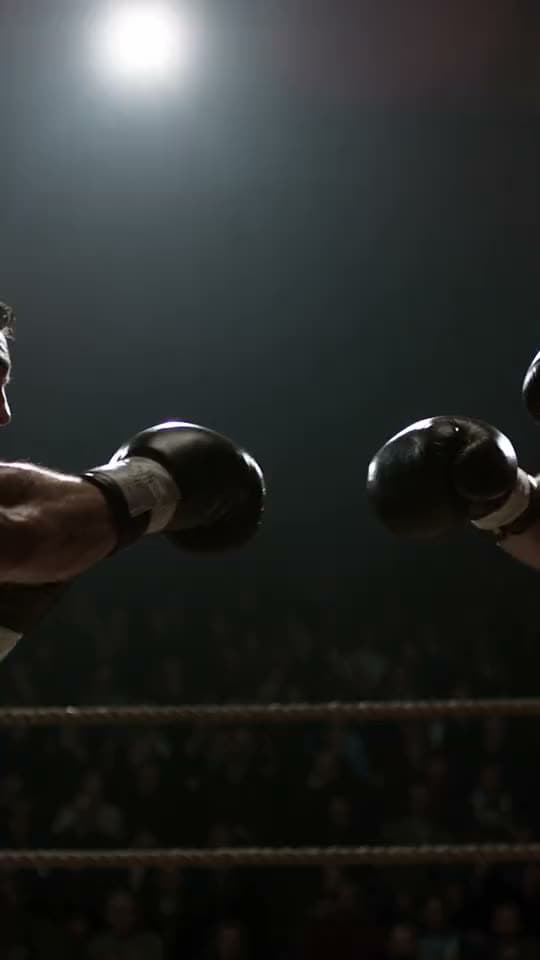Dos guantes de box chocan y el sudor salta contra la luz del ring