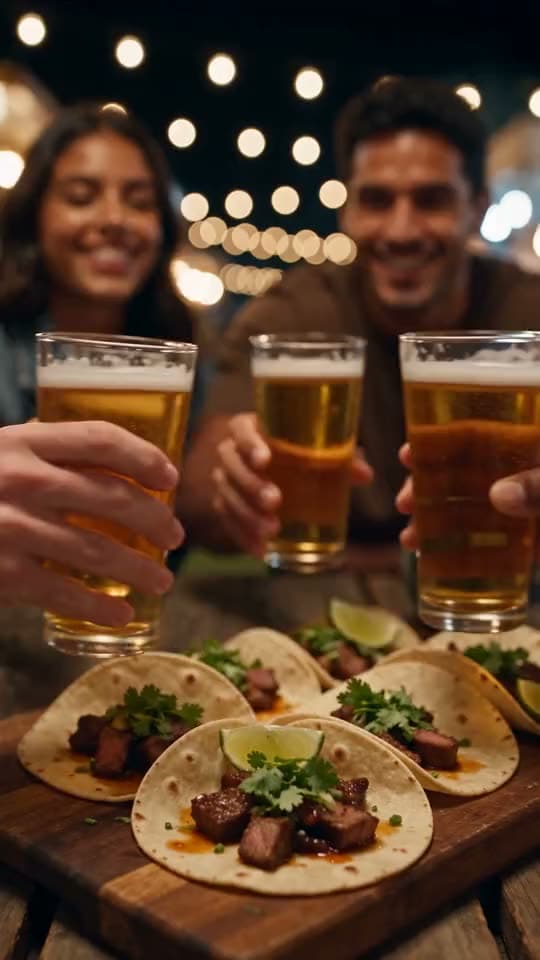 Amigos brindan con cerveza sobre una mesa con tacos, bajo luces colgantes