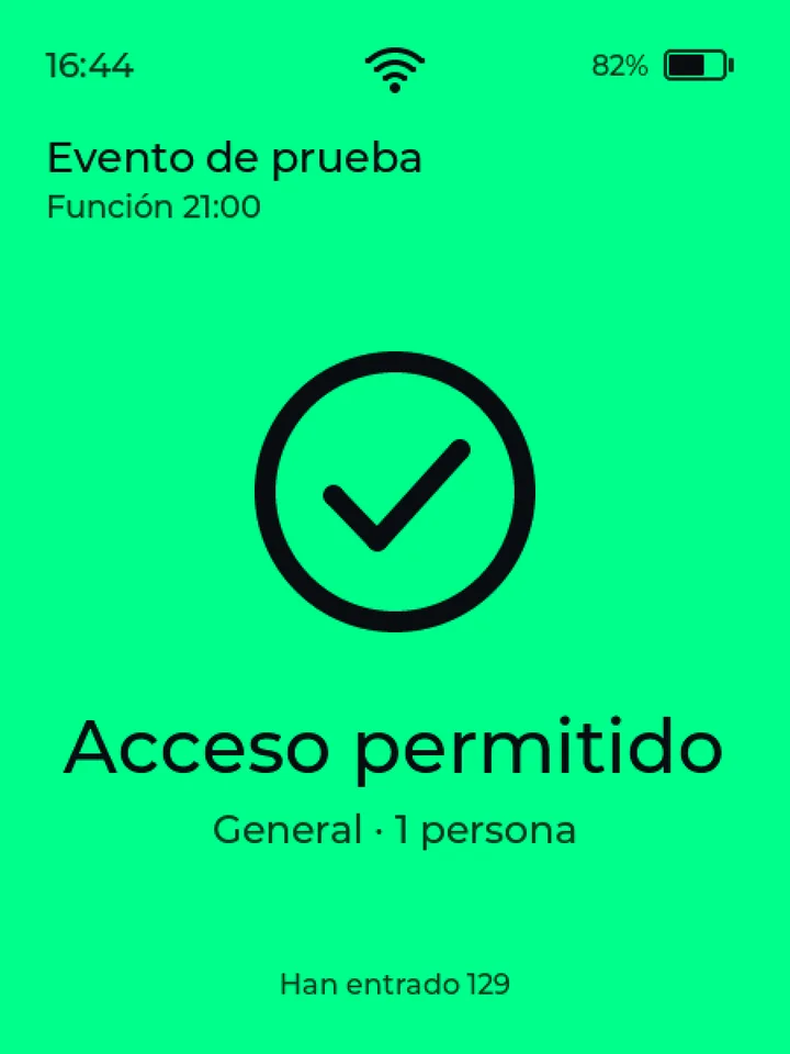 Pantalla del lector en verde: Acceso permitido, General, 1 persona, han entrado 129