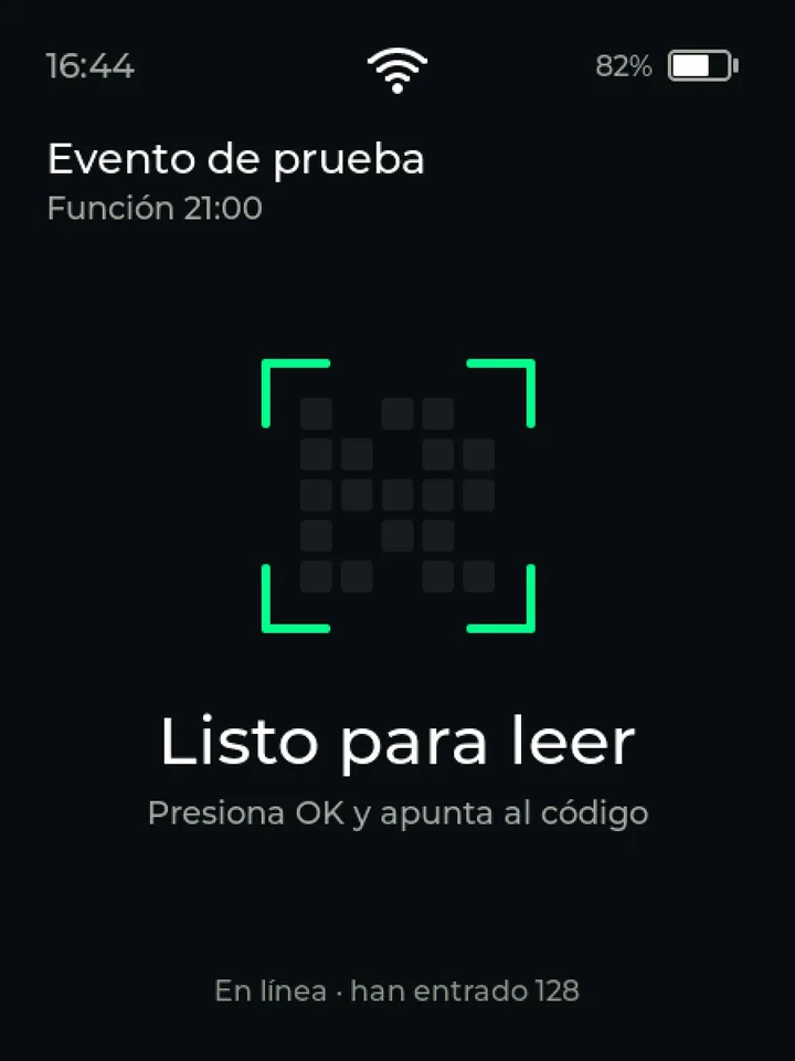 Pantalla del lector: Listo para leer, presiona OK y apunta al código