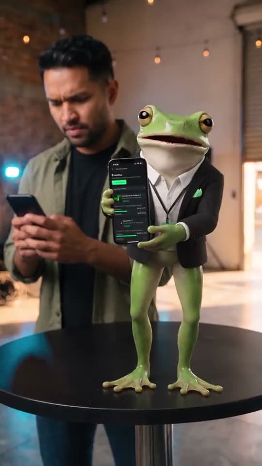 La rana de Bipp muestra un boleto en el celular junto a un asistente