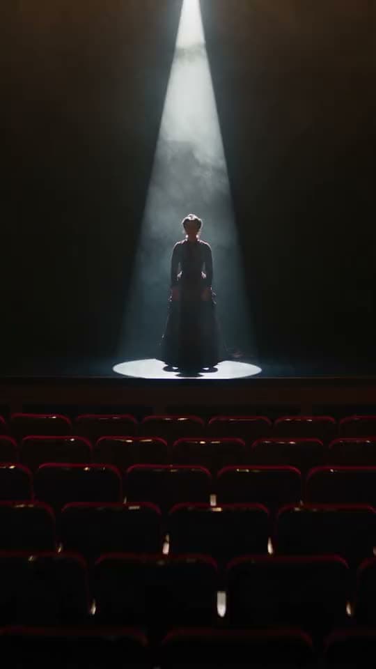 Una actriz de época bajo un reflector, en un teatro de butacas rojas